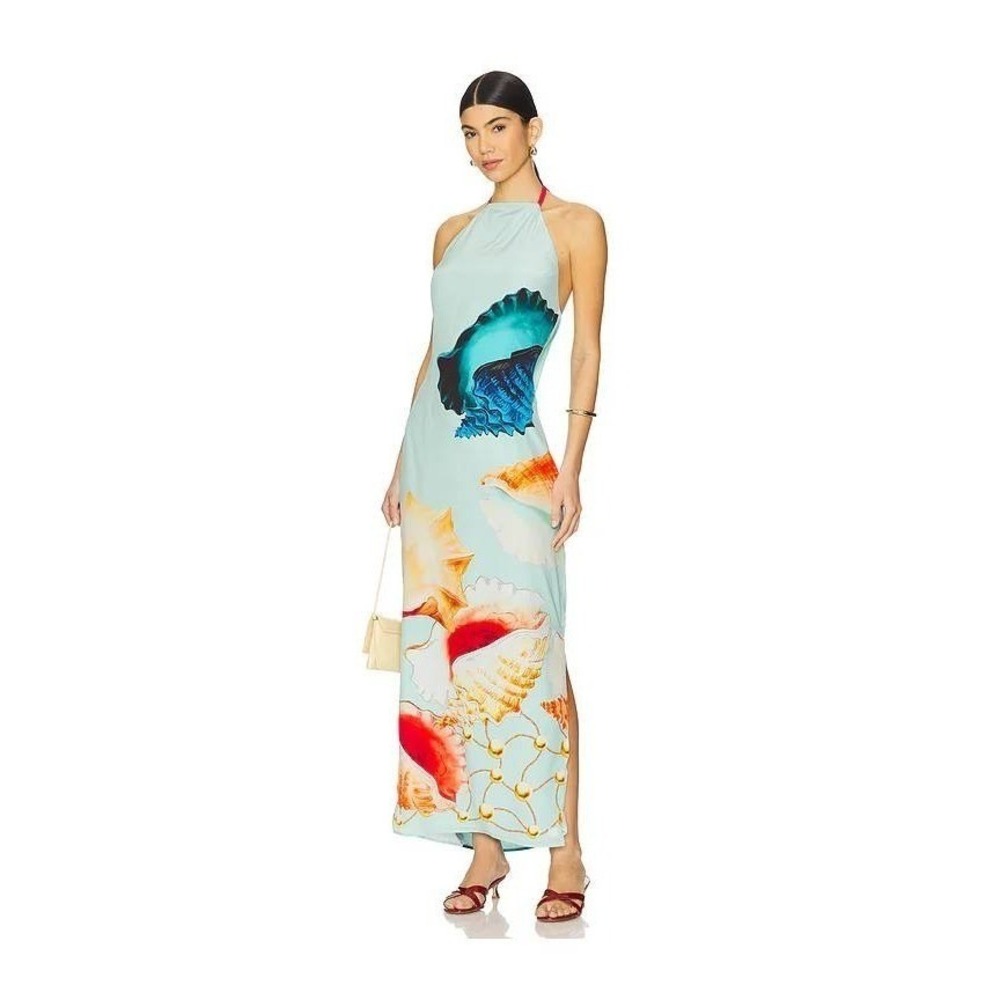 Muma World Murex Mist Vega Dress Baby Blue Halter Maxi Seashell Print Sz S